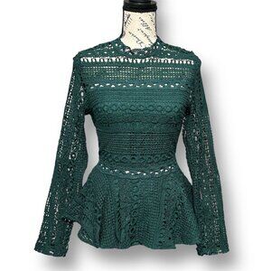 Anthropologie Endless Rose XS Green Crochet Lace Peplum Blouse Coquette Chic NW